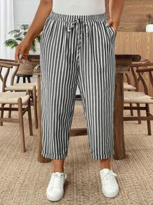 SHEIN PETITE 大码女式条纹口袋休闲哈伦裤 - 黑與白 - 查看 5