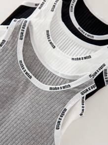 SHEIN Genkimix Kids 3 件套青少年女孩罗纹字母图案衬垫吊带背心，休闲基本款