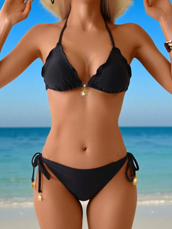 Swim Vcay Bikini nero da donna con decorazione dorata del sole, per vacanza estiva, outfit da spiaggia