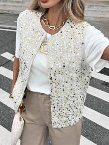 Serisse 时尚无袖亮片女式夹克，适合日常休闲通勤 - 杏色 - 查看 1