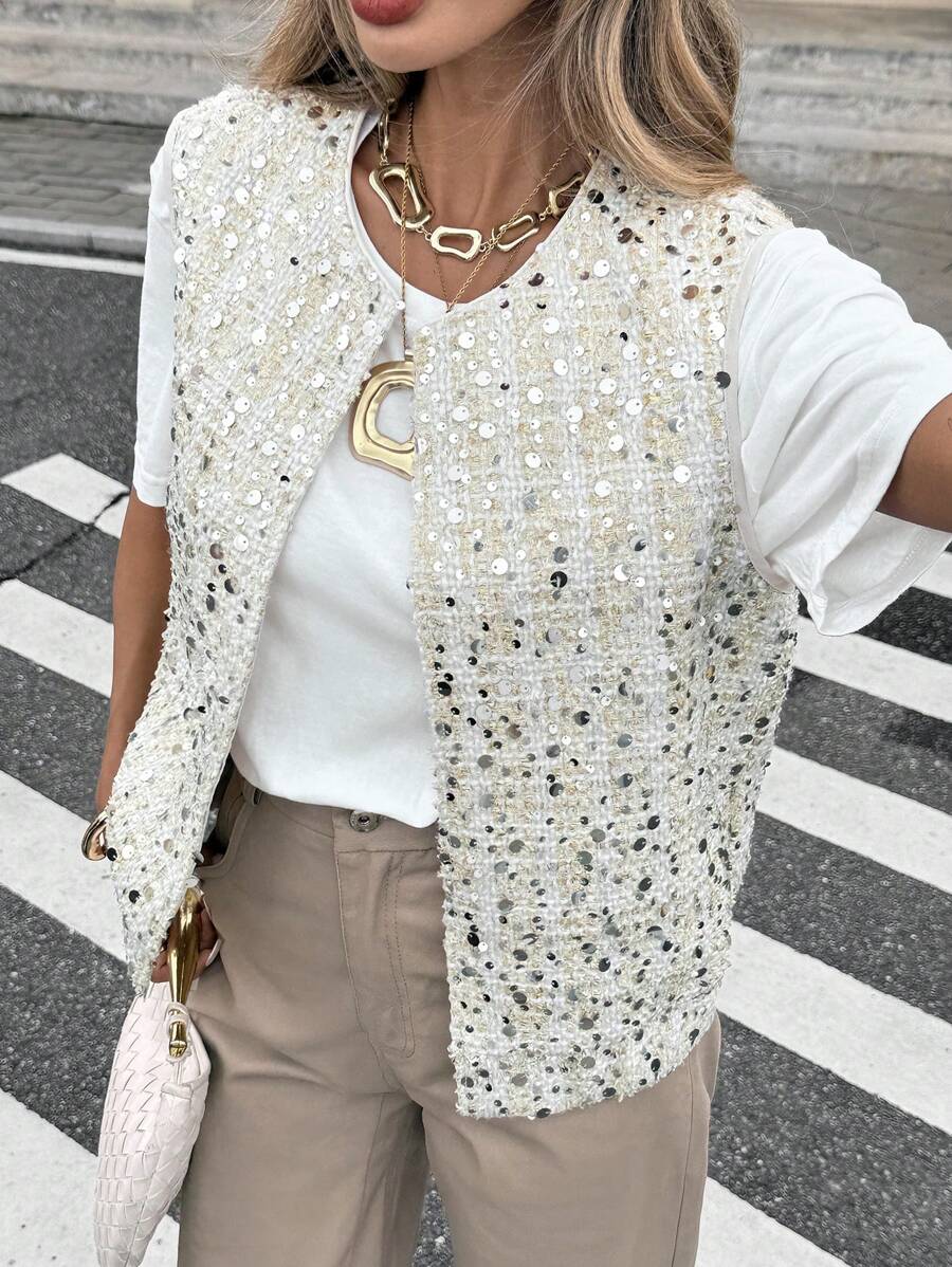 Serisse 时尚无袖亮片女式夹克，适合日常休闲通勤 - 杏色 - 查看 1