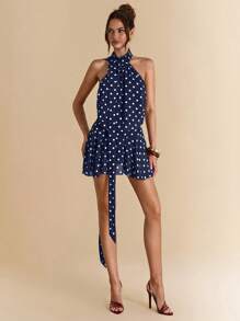 SHEIN BAE Vestido corto de tirantes con escote halter, bajo asimétrico y espalda descubierta con estampado de puntos en marrón, vestido sexy para festival musical, vacaciones, primavera/verano - Azul Marino - Ver 7