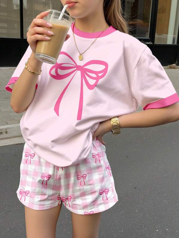 SHEIN Set de 2 piezas para niña preadolescente, con top de manga corta informal con estampado de moño y cuadros rosas, y shorts, para el verano