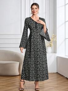 Al Najma Robe femme col V à manches évasées, ceinture à nouer à la taille, contraste de couleur noir et imprimé floral violet