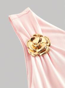 SHEIN MOD Áo cánh xếp ly thời trang họa tiết hoa 3D kim loại nơ cho nữ - Hồng - Xem 3