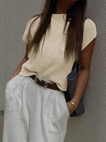 Calvaya Women's Solid Color Short Sleeve Knitted Top With Stand Collar For Leisure And Vacation - Apricot - View 3