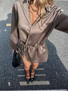 Siren Gaze Women's Elegant Coffee Brown Autumn Long Sleeve Shirt,Old Money Style V-Neck Cinched Waist Split Loose Top For Night Out,Commuting White-Collar Casual - Grey - View 1