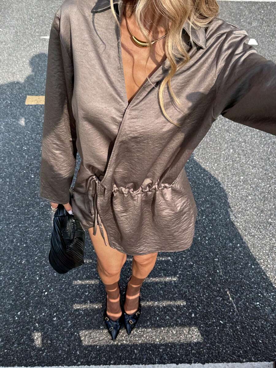 Siren Gaze Women's Elegant Coffee Brown Autumn Long Sleeve Shirt,Old Money Style V-Neck Cinched Waist Split Loose Top For Night Out,Commuting White-Collar Casual - Grey - View 1