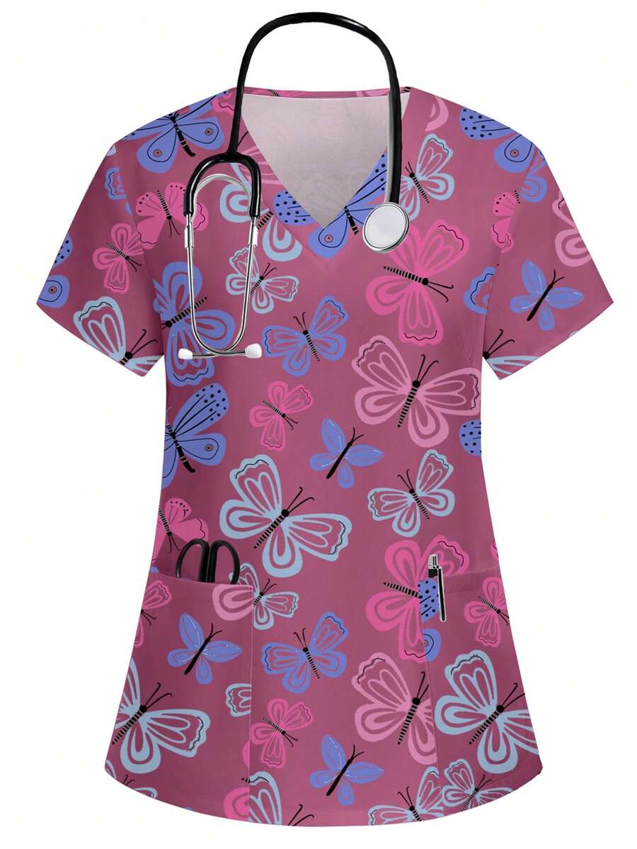 PopScrub Top de uniforme de scrub con diseño de mariposa colorida y lindo - Multicolor - Ver 1