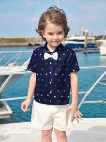 Joliand Joliand Set de 2 piezas con blusa de polo de manga corta con estampado de faro y pantalón corto blanco, un conjunto elegante y urbano adecuado para uso casual diario, viajes y playa, para jóvenes y niños.