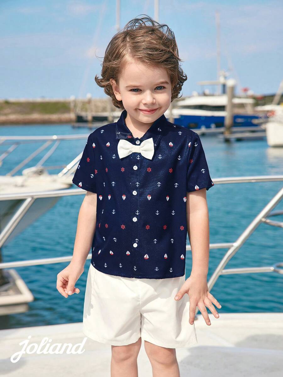 Joliand Joliand Set de 2 piezas con blusa de polo de manga corta con estampado de faro y pantalón corto blanco, un conjunto elegante y urbano adecuado para uso casual diario, viajes y playa, para jóvenes y niños.