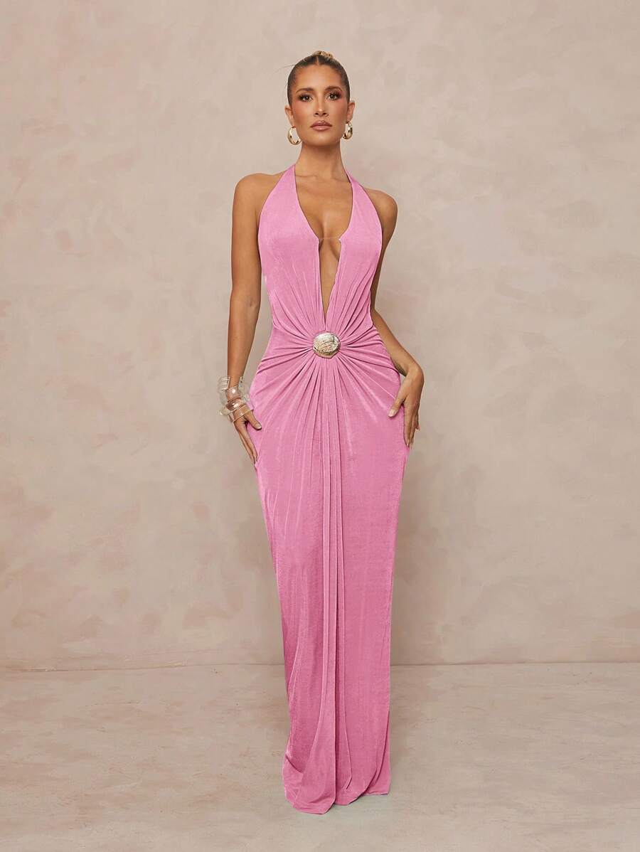 Lumalex Metallic Vacations Beach Music Festival Deep V Neck Elastic Flowy Dress For Women, Elegant & - Pink - View 1