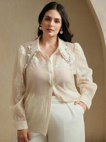 Anewsta 刺绣铆钉设计感衬衫 - 杏色 - 查看 3