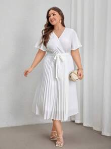 SHEIN Privé Váy midi buộc dây xếp ly màu trắng thanh lịch, thích hợp khi đi làm, du lịch, mua sắm - trắng - Xem 8
