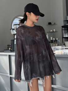 DAZY Drop Shoulder Mesh Top Without Bra Going Out Tops Sheer Long Sleeve Women Tops,Fall Women Clothes - Black - View 2