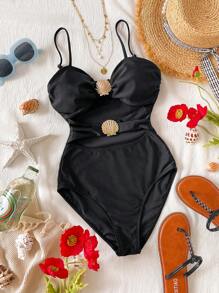 Teen Girls' Solid Color Metal Shell Decor Spaghetti Strap One-Piece Swimsuit