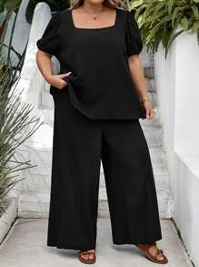 SHEIN CURVE+ Bộ đồ nữ cỡ lớn bằng vải cotton crepe giặt, 2 món, áo cổ vuông tay ngắn màu trơn cỡ lớn và quần rút dây, trang phục đi nghỉ mùa hè/đồng quê/bãi biển/trang phục đi biển/đồ mặc đi biển - màu đen - Xem 4