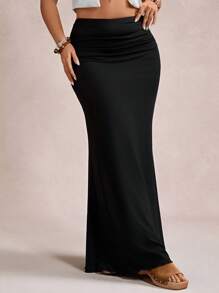 Freevana Plus Size Elegant Vintage Romance Fitted Flared Maxi Knitted Skirt For Party And Gathering, Autumn/Winter