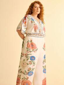 CAJUNI Pantalones rectos de pierna ancha en color albaricoque con estampado bohemio de loro y flores tropicales para mujer de talla grande, pantalones casuales de verano para la playa