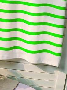 Sparklyn 女童条纹印花圆领短袖宽松绿色休闲基本款T恤，夏季 - 白色 - 查看 4