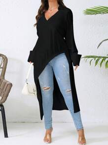 Camisa larga con manga larga, abertura lateral fruncida y unicolor para mujer de talla grande - Negro - Ver 1