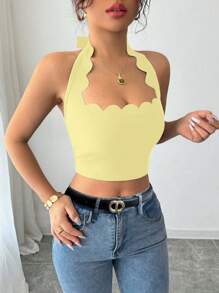INAWLY Sexy Vacation Black Halter Tie Ruffled Neck Cropped Tank Top For Women - Yellow - View 6