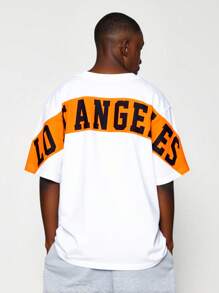 青少年男孩休闲韩版图案字母印花拼色圆领短袖上衣，适合通勤、上学、日常休闲装、运动、春夏秋冬