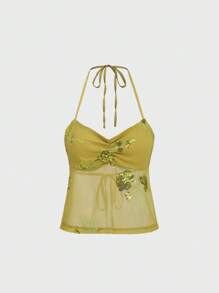 Glamine Glamine Damen glänzende Pailletten grüne sexy kurze Bluse, französischer V-Ausschnitt mit Brustfalten, pailletenverzierte Blumen, modische sexy Träger, schöner Rücken, Damen Top, geeignet für Sommerurlaub