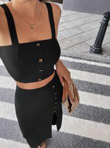 SHEIN LUNE 2pcs Set - Cropped Camisole Top And High Waist Button Front Split Maxi Skirt, Women's Stylish Minimalist - Black - View 1