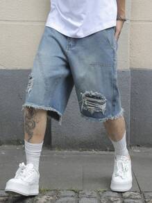 Manfinity EMRG Shorts de mezclilla de moda con bolsillos rotos y dobladillo deshilachado de unicolor para hombre