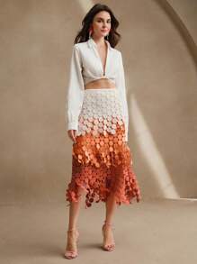 Anewsta 优雅镂空刺绣高腰橙色流苏裙，宽松飘逸夏季女士裙子，节日 - 橘色 - 查看 3