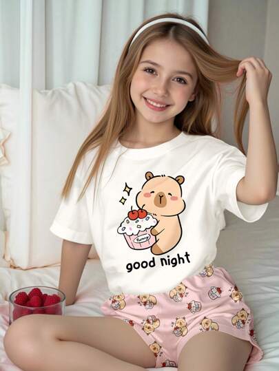 SHEIN Cream White & Cream Pink, Cute Capybara Cake Graphic, Pajama Party Tween Girl Casual Minimalist Crew Neck Short Sleeve T-Shirt And Shorts Loungewear Set, Suitable For Summer