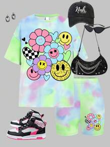 SHEIN Leap Crew 2 件套青少年休闲宽松短袖 T 恤和紧身裤套装，适合夏季 - 彩色 - 查看 2