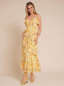 Amorya 女式 V 领荷叶边花卉印花吊带连衣裙，黄橙色，腰部设计优雅连衣裙，适合日常穿着，春夏季 - 彩色 - 查看 7