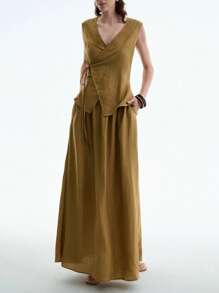 Aalyst Đầm đi làm giản dị không tay cổ chữ V dáng chữ A thanh lịch lãng mạn cho nữ - Gỗ đỏ - Xem 3