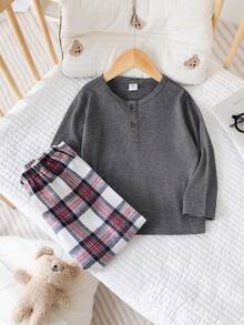 SHEIN Young Boy Solid Color Top And Plaid Pants Pajamas Set Fall Winter - Dark Grey - View 8