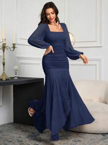 Modelyn 女士纯色褶皱方领优雅长袖连衣裙 - 藏蓝色 - 查看 3