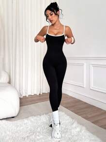 Slayform Backless Contrast Binding Twist Twist Summer Spaghetti Strap Black Seamless Sports Jumpsuit - Black - View 5