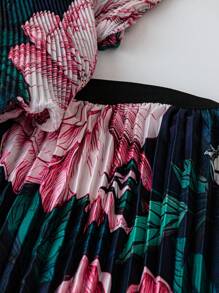 Celure Plus Size Floral Print Ruffle Blouse + Wide Hem Skirt 2 Pieces Set