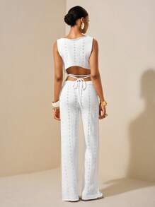 Zivah Nuevo conjunto de 2 piezas de estilo vacacional: top de punto cropped sin mangas con diseño calado y pantalones de pierna ancha de cintura alta en unicolor, estilizante, atuendo todo blanco para fiestas en otoño/invierno - Blanco - Ver 2