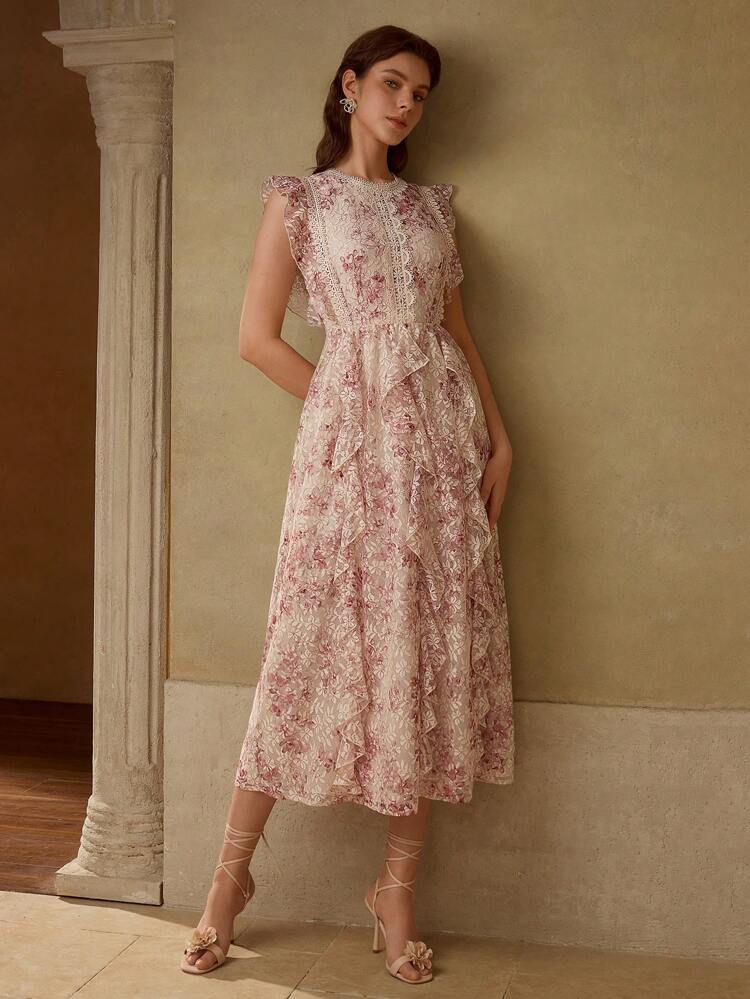 Vestido con estampado floral de encaje y volantes