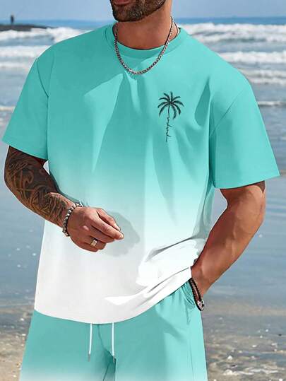 Manfinity RSRT Men's Palm Tree Print Round Neck Short Sleeve Casual T-Shirt, Summer, 2 Piece Summer Set Men Men Beach Wear Set Matching Vacation Sets Men Mens Summer Outfit Vacation Outfit Men.A Great Gift For A Boyfriend Or Husband.