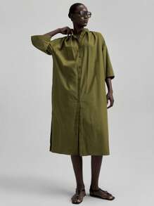 Ontre 2026春夏女士中长连衣裙，纯色军绿色，褶裥设计，落肩，长袖，单排扣，休闲宽松长裙，夏季，梭织面料，宽松版型，毕业礼服，优雅女士连衣裙，度假连衣裙，海滩音乐节，教师装，商务休闲，都市时尚，通勤，下午茶，假日，派对，婚礼宾客着装，百搭休闲女装，办公装，春夏服装，节日装扮，开衩，中长连衣裙 - 軍綠色 - 查看 3