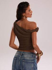 SHEIN BAE Women's Summer Sexy Bohemian Beach Vacation Concert Crochet Asymmetrical Shoulder Knotted Going-Out Tops, Summer,Club Women Sexy,Rave Top - Coffee Brown - View 2