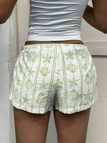 Aloruh Women's Beach Ocean Shell & Starfish Striped Button Belted Shorts, Spring/Summer - Green - View 2