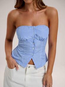 SHEIN BAE Summer Casual Commuting Sky Blue Striped Front Button Tube Top Hot Girl Tops, Sexy Tops, Holiday Tops - Multicolor - View 8