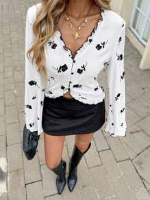 Siren Gaze Cross-Border Europe & America Ditsy Floral V-Neck Long Sleeve Lace Cardigan Floral Blouse Button Up Blouse Cute Blouses Blouse For Women Ruffled Blouse