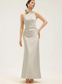 Chiquease 女士浪漫派对礼服 缎面不对称肩部褶皱收腰连衣裙 - 香檳色 - 查看 4