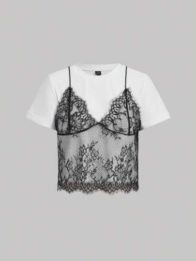 SHEIN Tall CURVE Camiseta de manga corta con cuello redondo y encaje blanco de verano (2 en 1), parche de encaje, bloqueo de color negro y blanco, blusa blanca casual, vacaciones