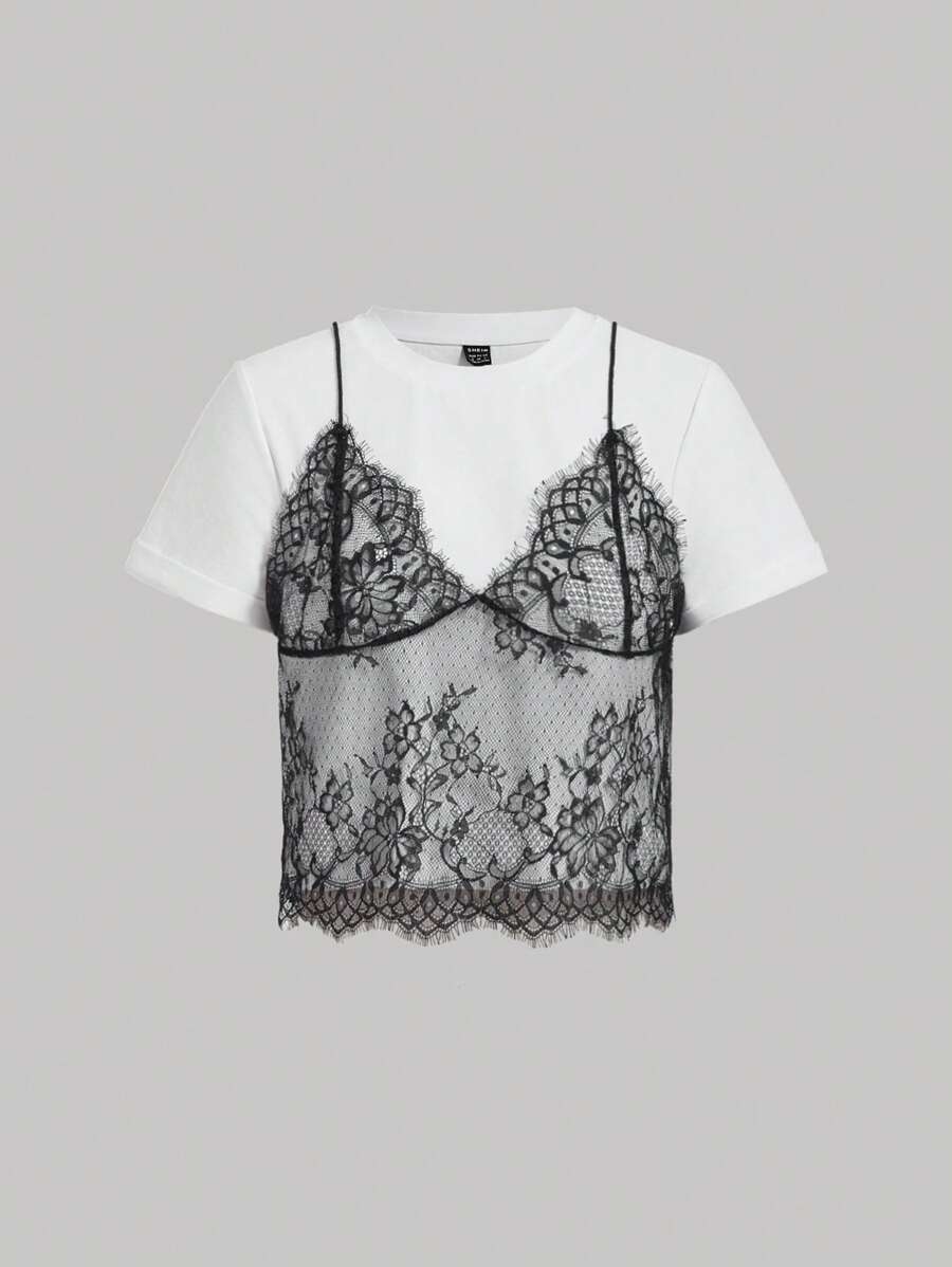 SHEIN x Luisa Sonza SHEIN MOD 夏季白色蕾絲拼接圓領短袖T恤(2合1)黑色背心套裝,白色花卉,優雅,約會之夜,婚禮賓客,層次感,修身 - 彩色 - 查看 1